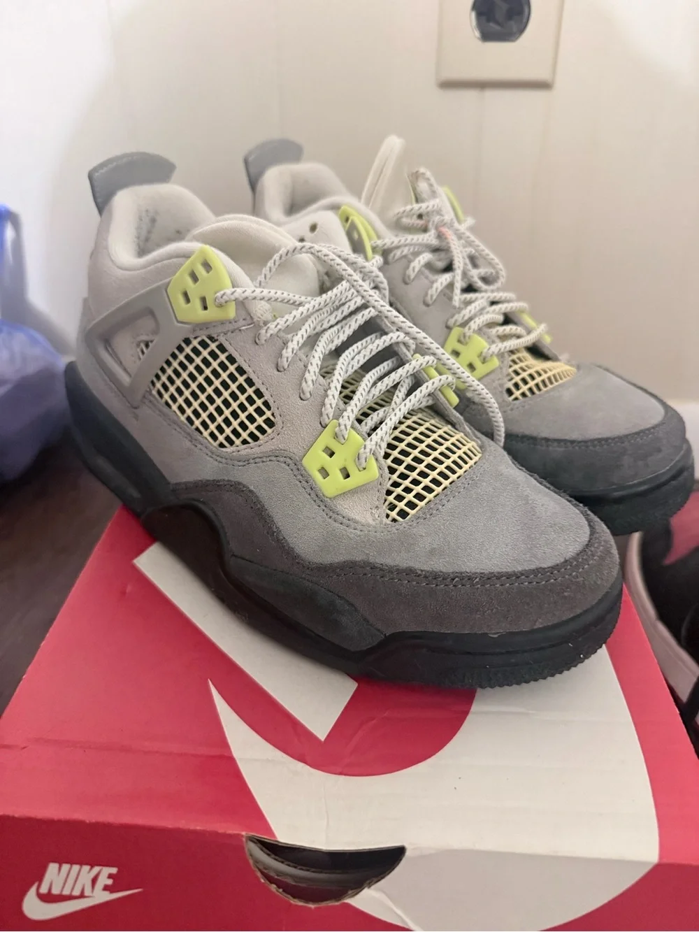 Jordan Kids Gray Suede Sneakers with Neon Yellow Accents